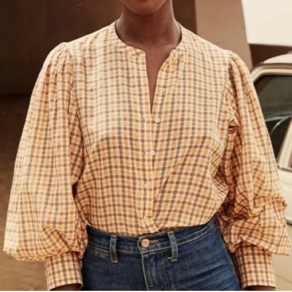 Doen Yellow Plaid Puff-Sleeve Button Front Blouse